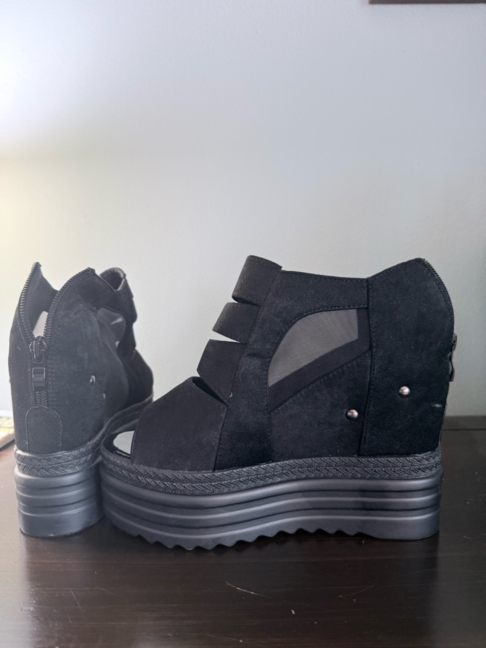 Black Suede Platform Wedge Sandals with Cutout Straps